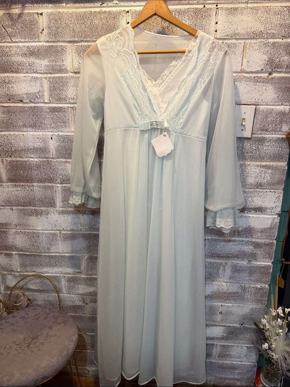 Vintage Powder Blue Lace Peignoir Set Sheer Nightgown & Matching Robe Romantic - Picture 2 of 12